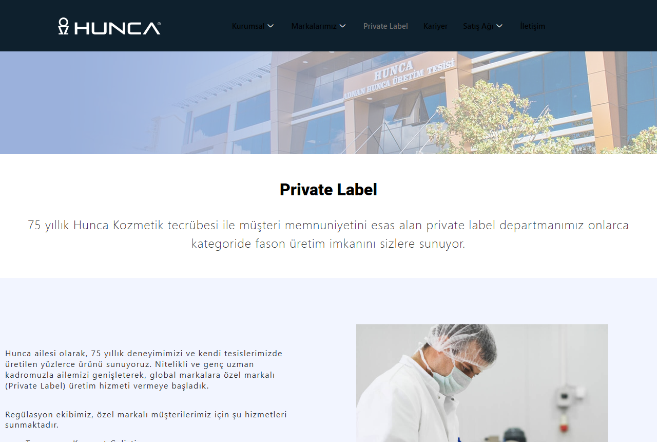 Hunca Kozmetik private label page